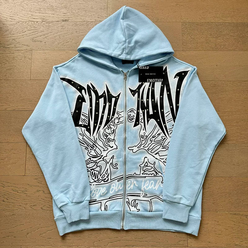 MIXED EMOTION Light Blue Gothic Angel Graphic Full‑Zip Hoodie