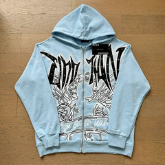 MIXED EMOTION Light Blue Gothic Angel Graphic Full‑Zip Hoodie