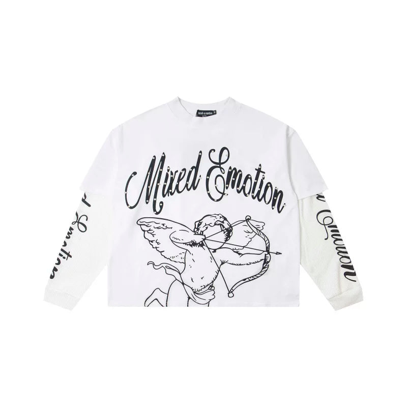 Mixed EMOTION American High Street Trendy Brand Printed Hot Diamond Fake Two Loose Cotton Waffle Long Sleeve T-shirt (2)