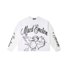 Mixed EMOTION American High Street Trendy Brand Printed Hot Diamond Fake Two Loose Cotton Waffle Long Sleeve T-shirt (2)