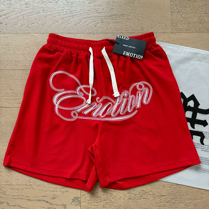 Mixed EMOTION SHORTS: Trendy Street, Summer, Diamond Print, Sports and Leisure, Pure Cotton Drawstring Shorts (2)
