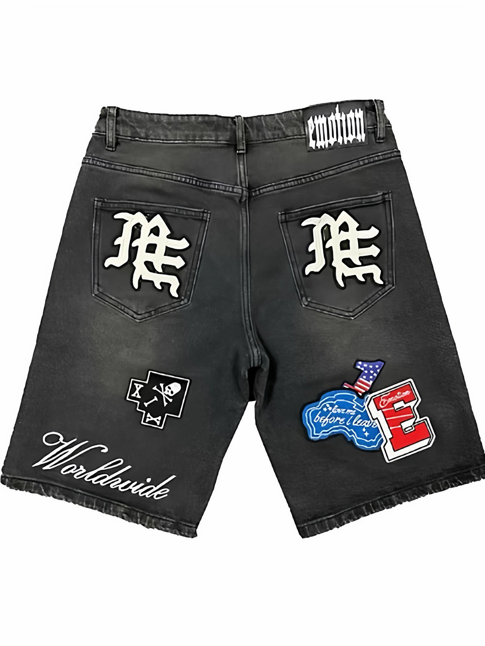 Mixed EMOTION American street patch with multiple badges embroidered and washed denim shorts for men and women casual wear