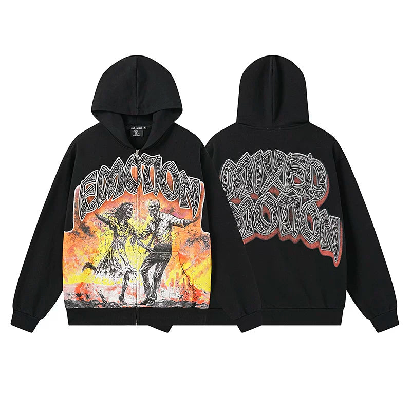 Realistic Mixed EMOTION Fashion Retro Doing Old Street Loose Heavy Cotton Cardigan Hoodie FOG (11)