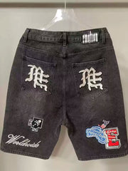Mixed EMOTION American street patch with multiple badges embroidered and washed denim shorts for men and women casual wear