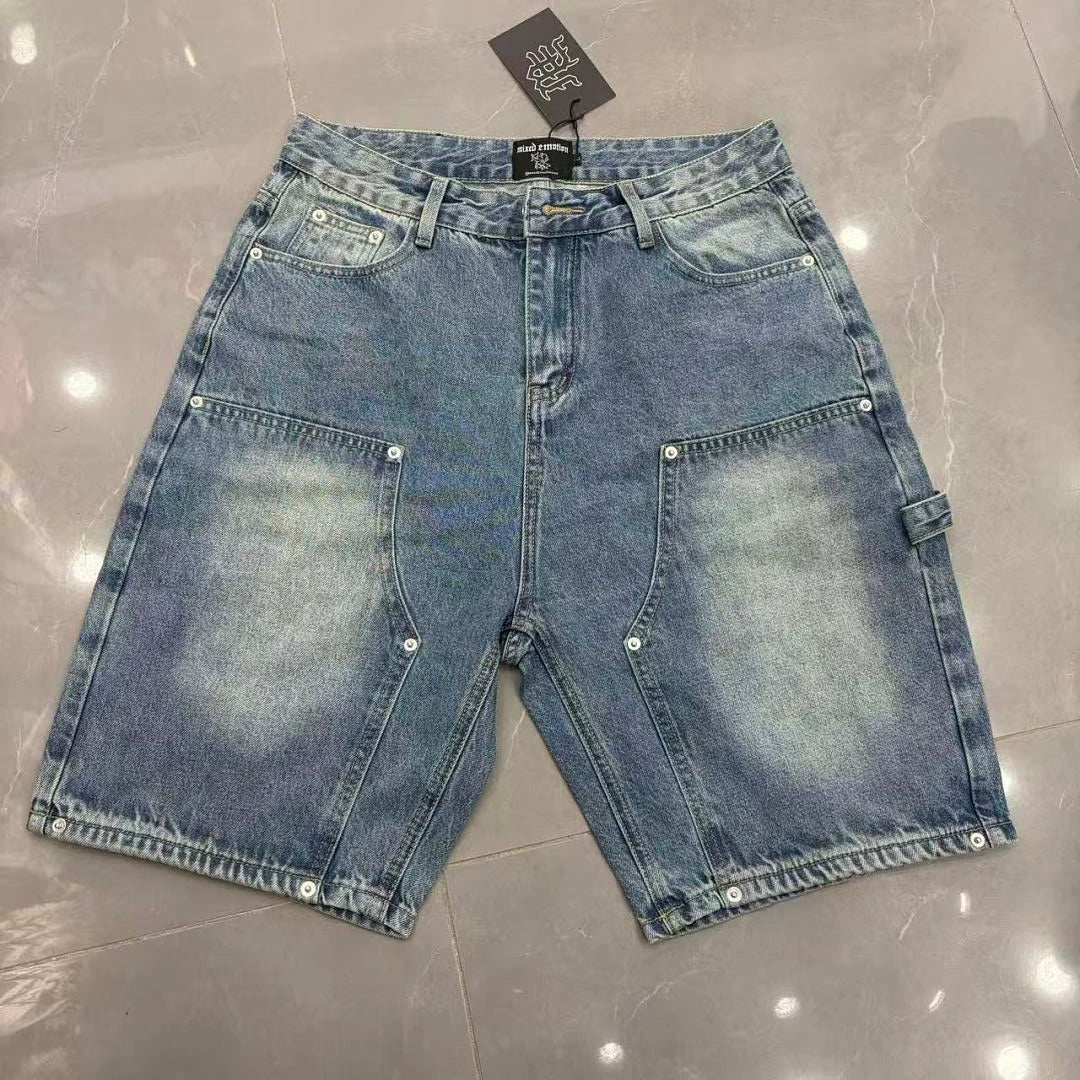 Mixed EMOTION fashion retro high street embossed rivet design workwear casual straight leg denim shorts INS (2)