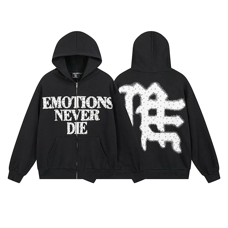 Realistic Mixed EMOTION Fashion Retro Doing Old Street Loose Heavy Cotton Cardigan Hoodie FOG (12)