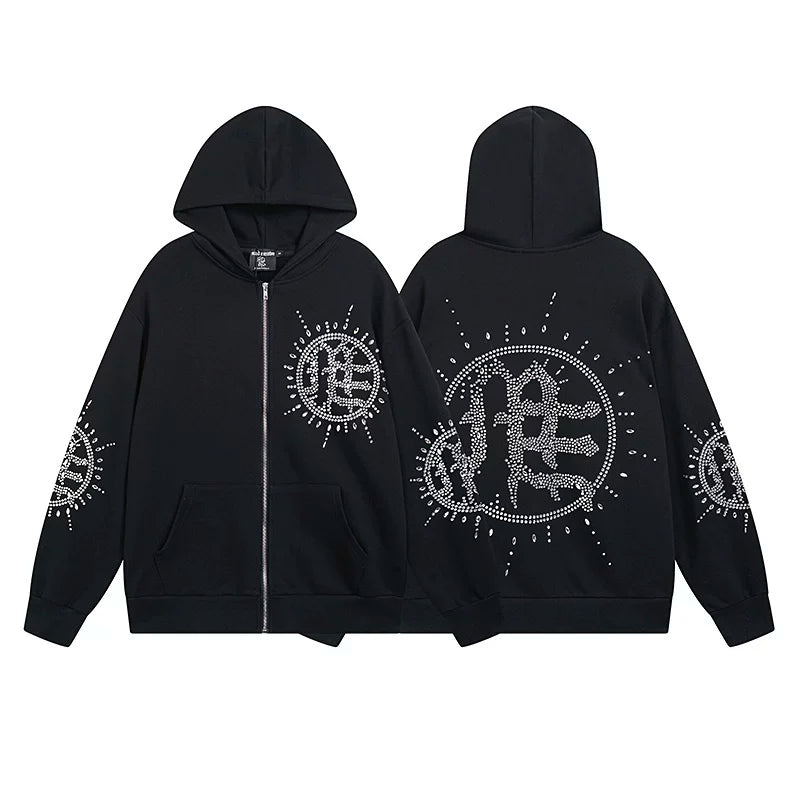 Realistic Mixed EMOTION Fashion Retro Doing Old Street Loose Heavy Cotton Cardigan Hoodie FOG (8)