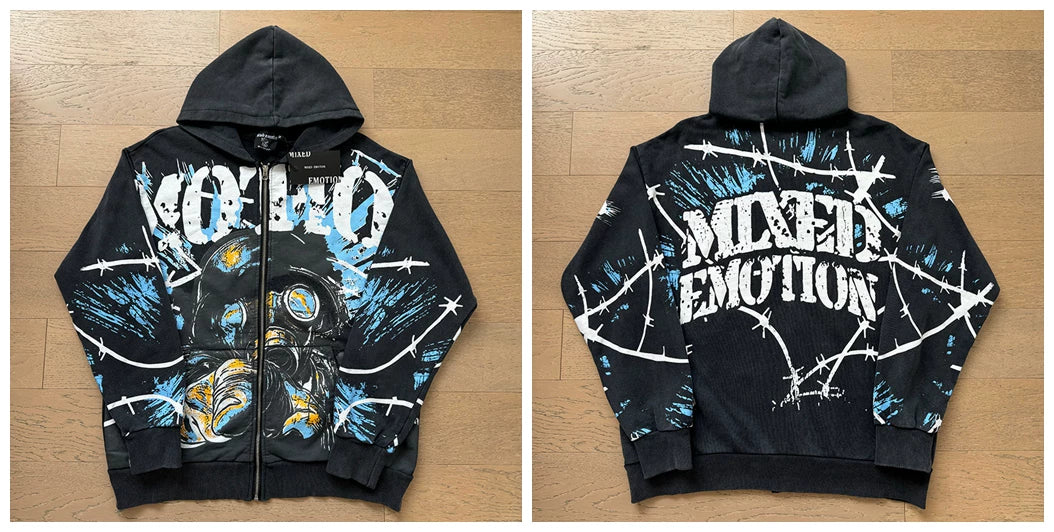Realistic Mixed EMOTION Fashion Retro Doing Old Street Loose Heavy Cotton Cardigan Hoodie FOG (5)