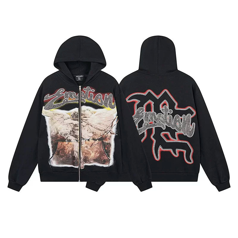 Realistic Mixed EMOTION Fashion Retro Doing Old Street Loose Heavy Cotton Cardigan Hoodie FOG (6)