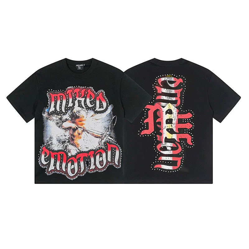 Mixed EMOTION HIP HOP T SHIRT Fashion Retro High Street Hot Diamond Printed Cotton Short sleeved T-shirt (5)