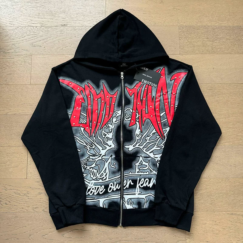 MIXED EMOTION Black‑Red Gothic Big Letter Full‑Zip Hoodie