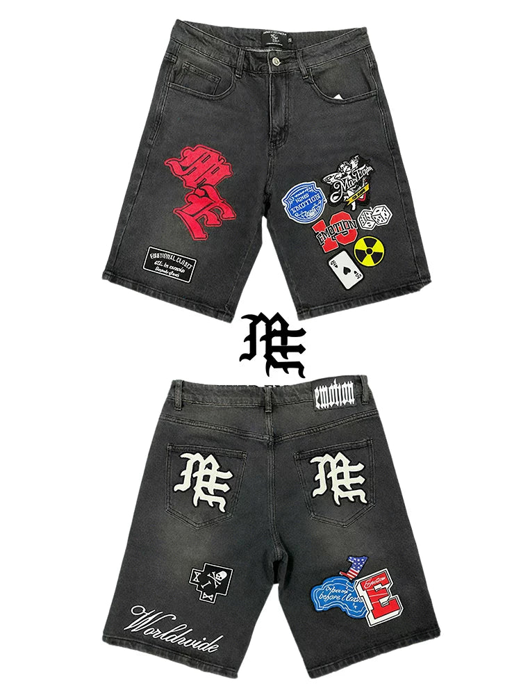 Mixed EMOTION American street patch with multiple badges embroidered and washed denim shorts for men and women casual wear