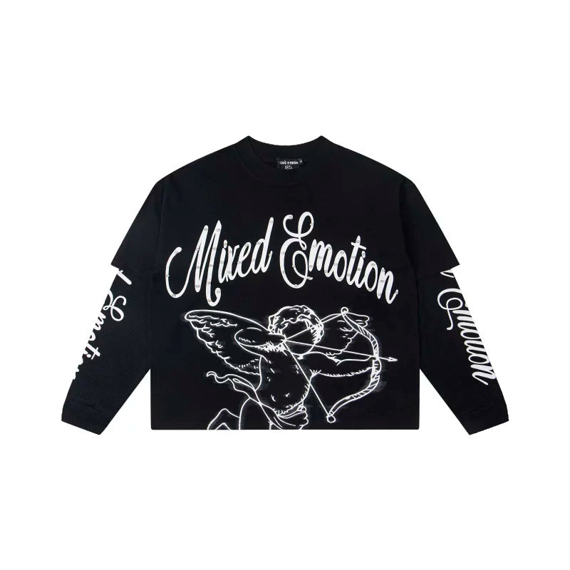 Mixed EMOTION American High Street Trendy Brand Printed Hot Diamond Fake Two Loose Cotton Waffle Long Sleeve T-shirt (1)