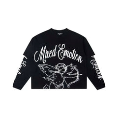 Mixed EMOTION American High Street Trendy Brand Printed Hot Diamond Fake Two Loose Cotton Waffle Long Sleeve T-shirt (1)