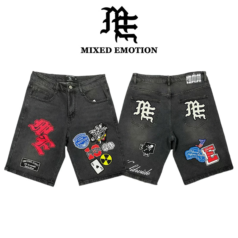 MIXED EMOTION Black Graffiti Patch Print Denim Jort Shorts