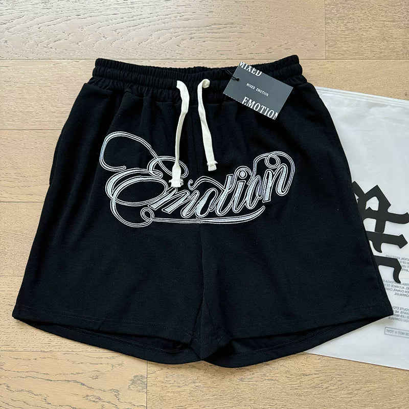 Mixed EMOTION SHORTS: Trendy Street, Summer, Diamond Print, Sports and Leisure, Pure Cotton Drawstring Shorts (1)