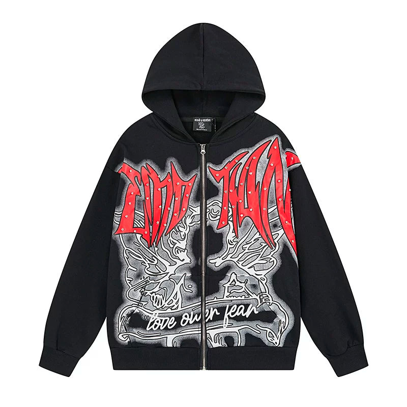 Realistic Mixed EMOTION Fashion Retro Doing Old Street Loose Heavy Cotton Cardigan Hoodie FOG (1)