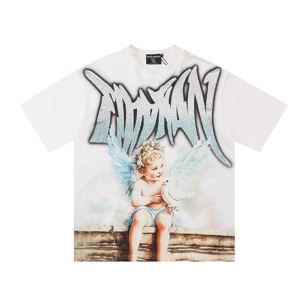 Mixed EMOTION T SHIRT High Street Angel Peace Dove Hot Diamond Fashion Short sleeved T-shirt Summer