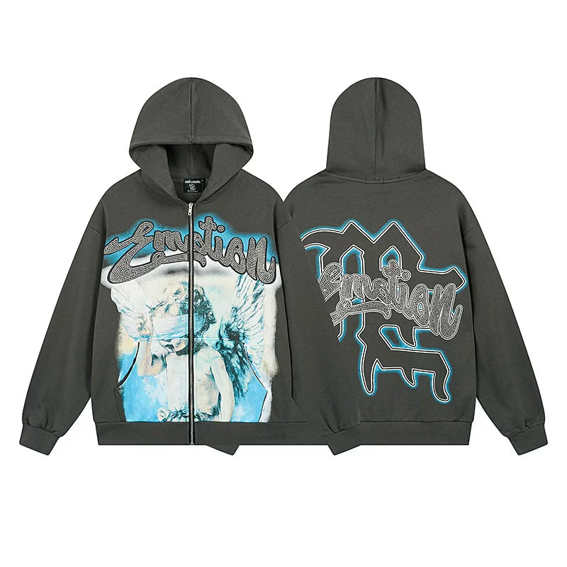 Realistic Mixed EMOTION Fashion Retro Doing Old Street Loose Heavy Cotton Cardigan Hoodie FOG (9)