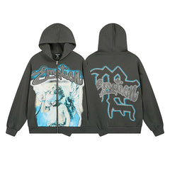 Realistic Mixed EMOTION Fashion Retro Doing Old Street Loose Heavy Cotton Cardigan Hoodie FOG (9)