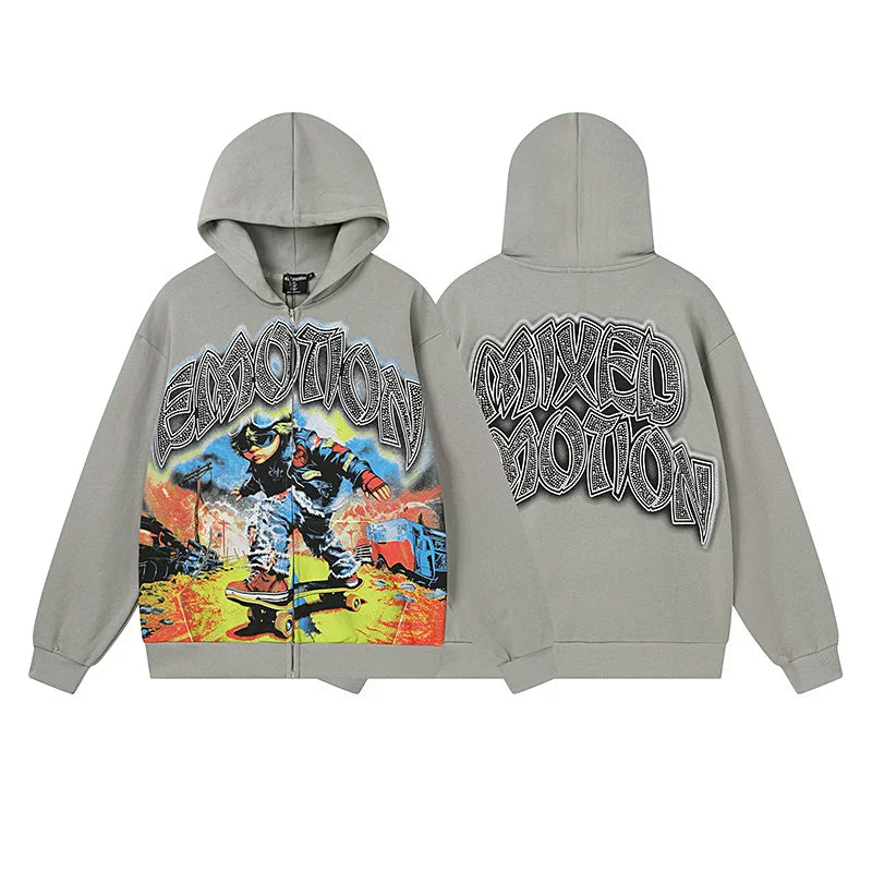 Realistic Mixed EMOTION Fashion Retro Doing Old Street Loose Heavy Cotton Cardigan Hoodie FOG (13)