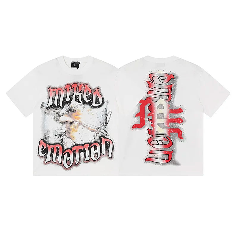 Mixed EMOTION HIP HOP T SHIRT Fashion Retro High Street Hot Diamond Printed Cotton Short sleeved T-shirt (6)