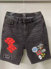 Mixed EMOTION American street patch with multiple badges embroidered and washed denim shorts for men and women casual wear