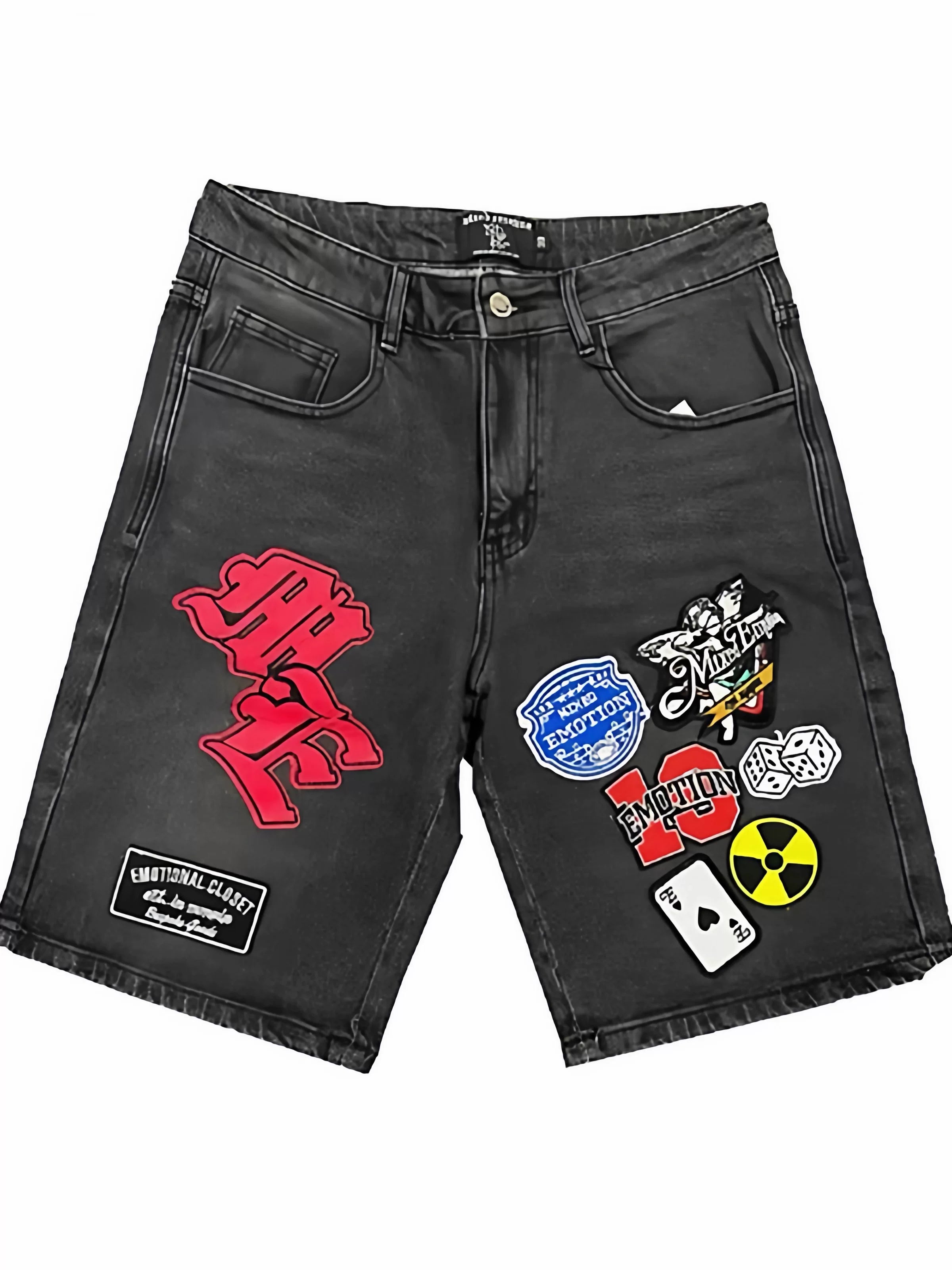 Mixed EMOTION American street patch with multiple badges embroidered and washed denim shorts for men and women casual wear