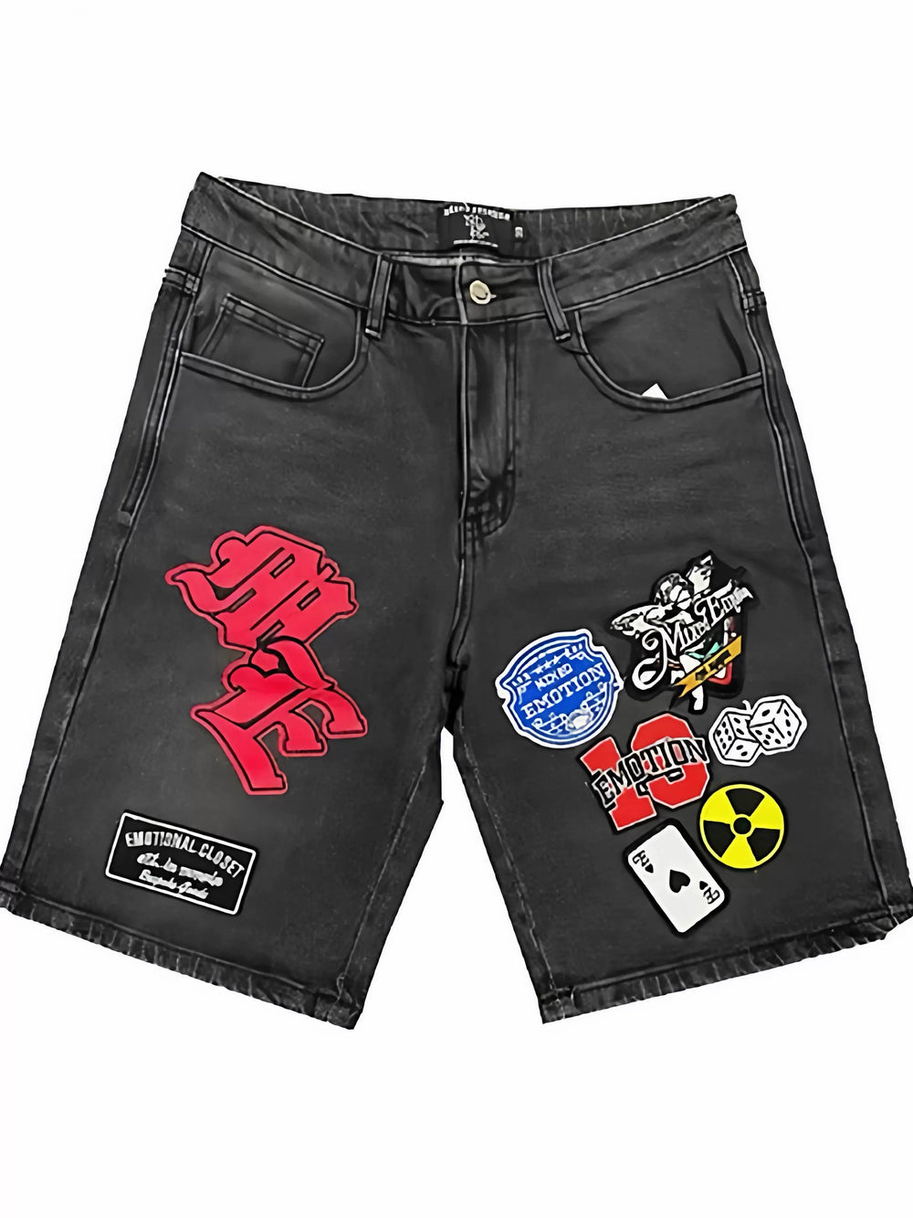 Mixed EMOTION American street patch with multiple badges embroidered and washed denim shorts for men and women casual wear