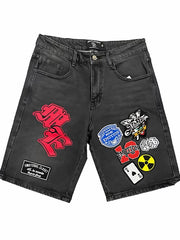 Mixed EMOTION American street patch with multiple badges embroidered and washed denim shorts for men and women casual wear
