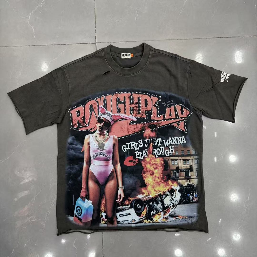 Roughplay "Girls Just Wanna Play Rough" Distressed Graphic Tee