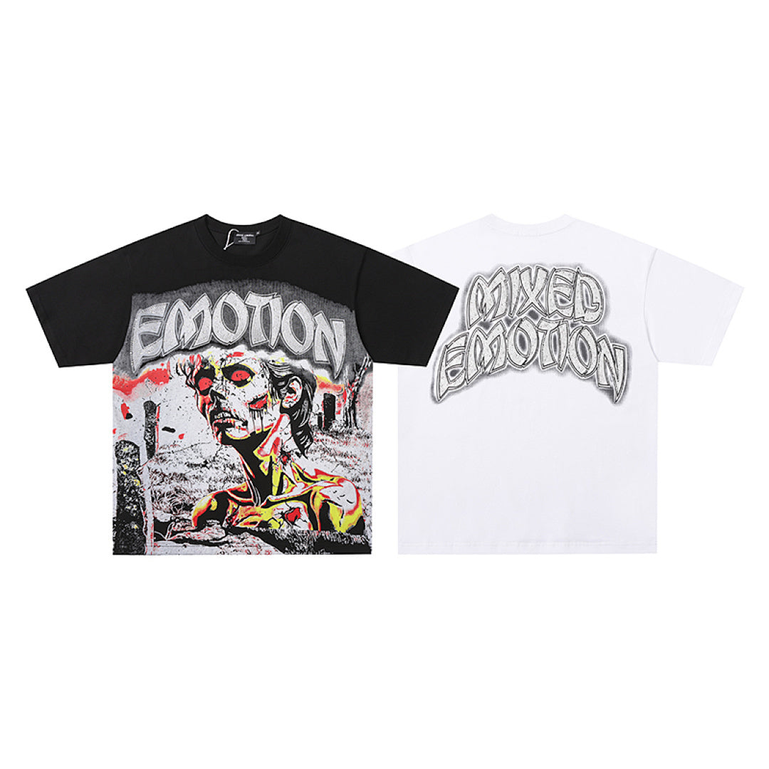 MIXED EMOTION Graffiti Portrait Gothic Letter Graphic T‑Shirt