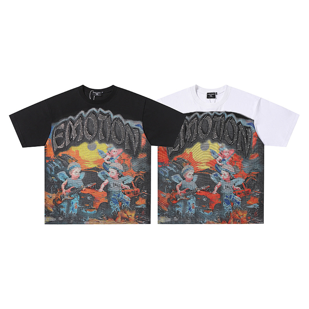 MIXED EMOTION Vintage Oil Painting Multi-Angel Scene Graphic T‑Shirt