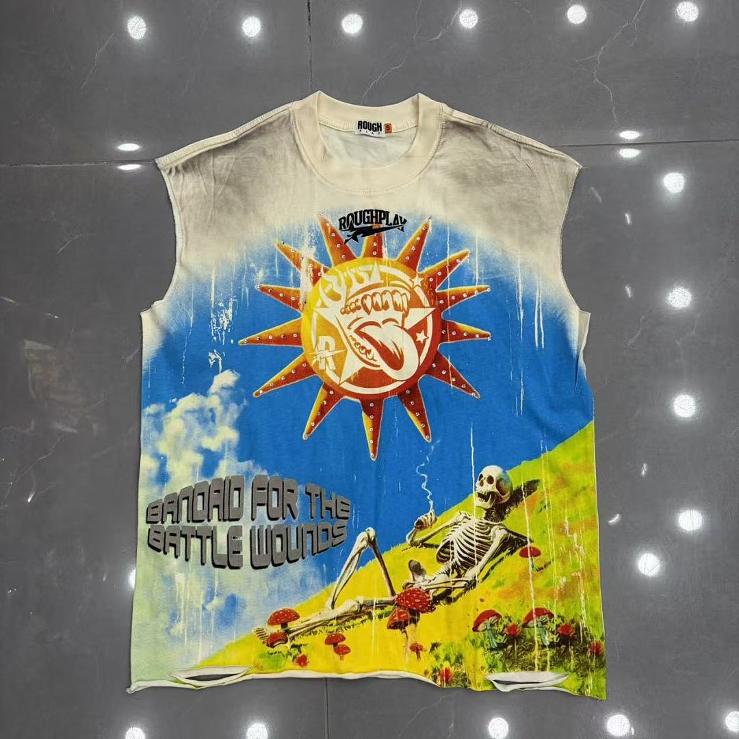Roughplay Skull Sun Mushroom Field Distressed Tank Top