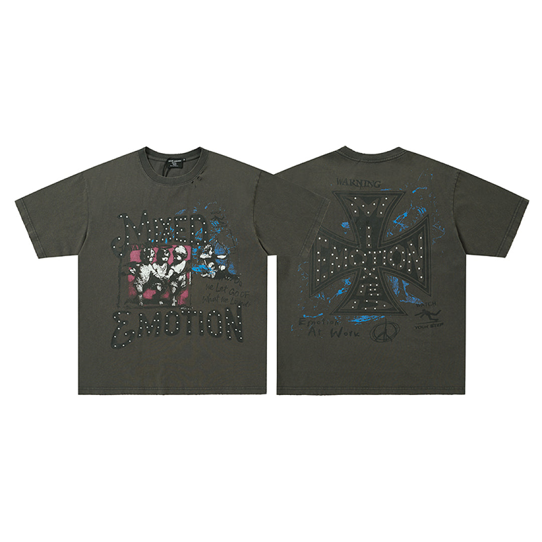 MIXED EMOTION Dark Grey Cross Graphic  T-Shirt