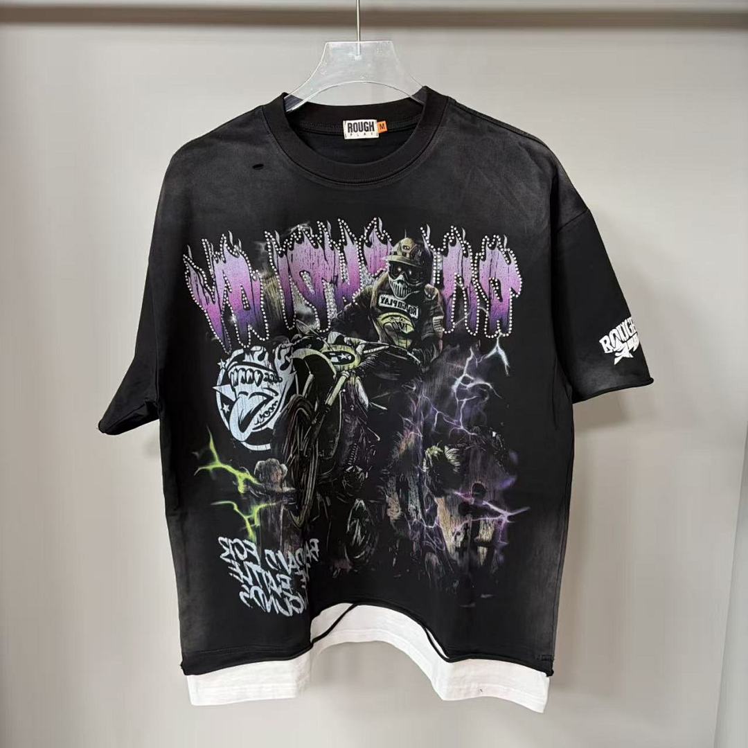 Roughplay Ghost Rider Biker Rhinestone Double-Hem Tee