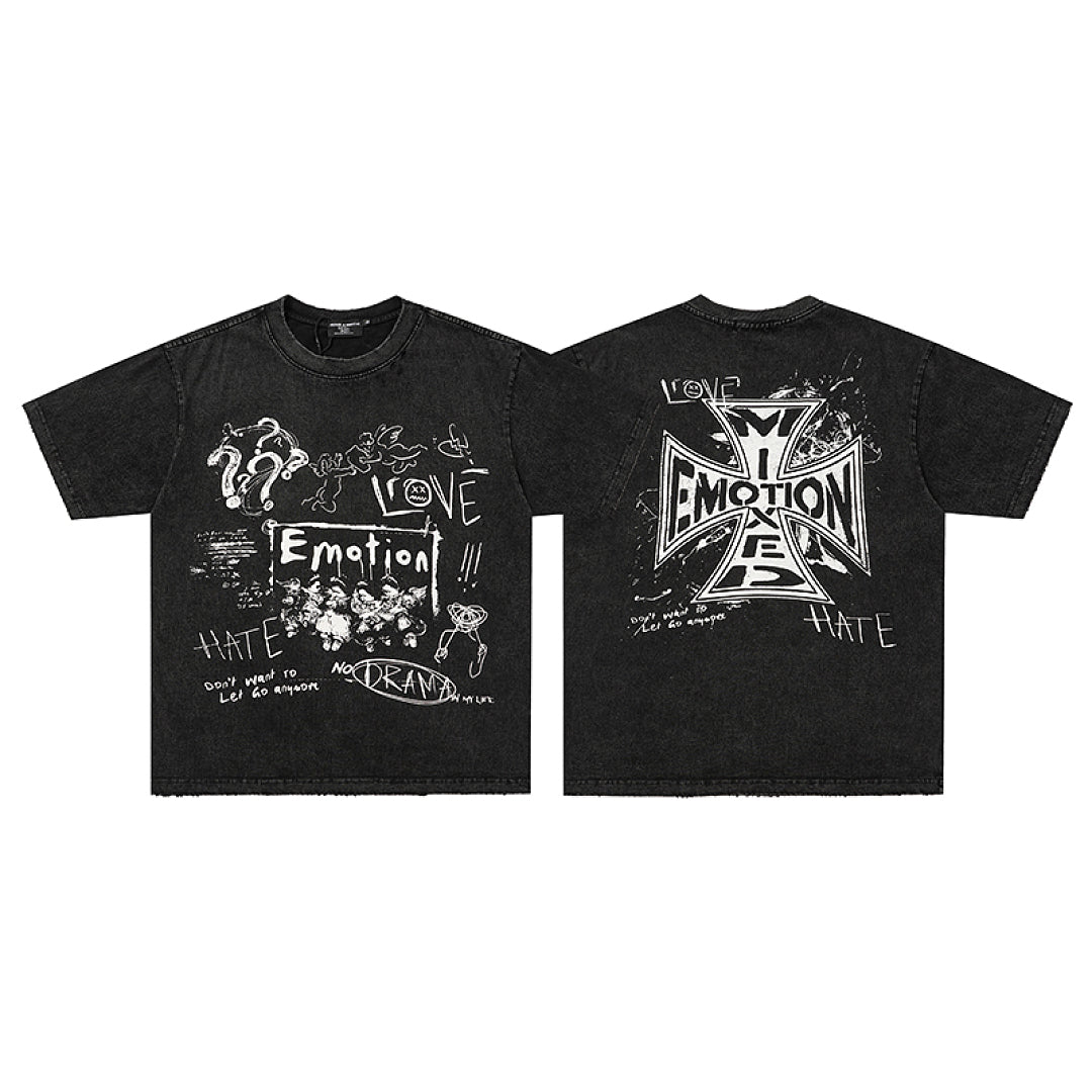 MIXED EMOTION Black Gothic Letter GraphicT‑Shirt