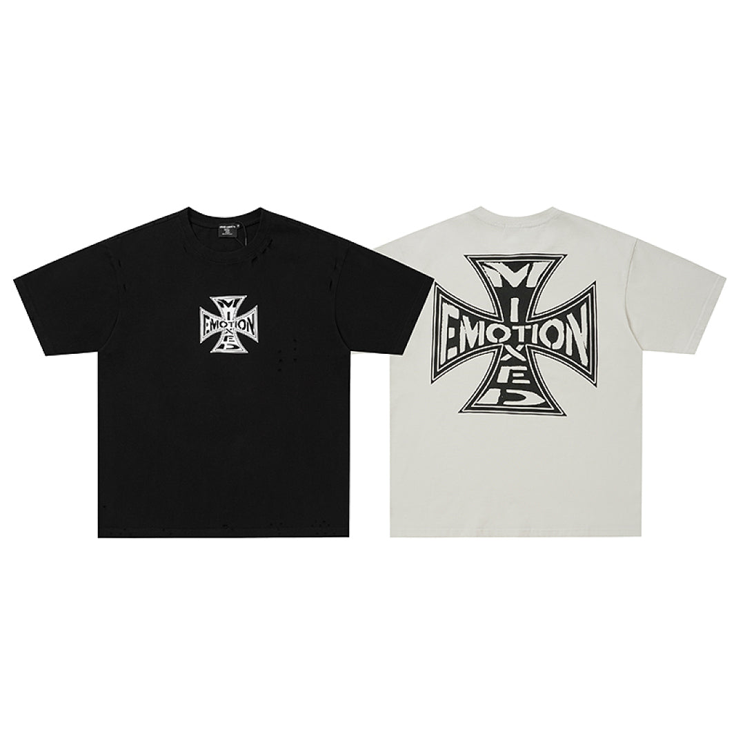 MIXED EMOTION Iron Cross Graphic Print T‑Shirt