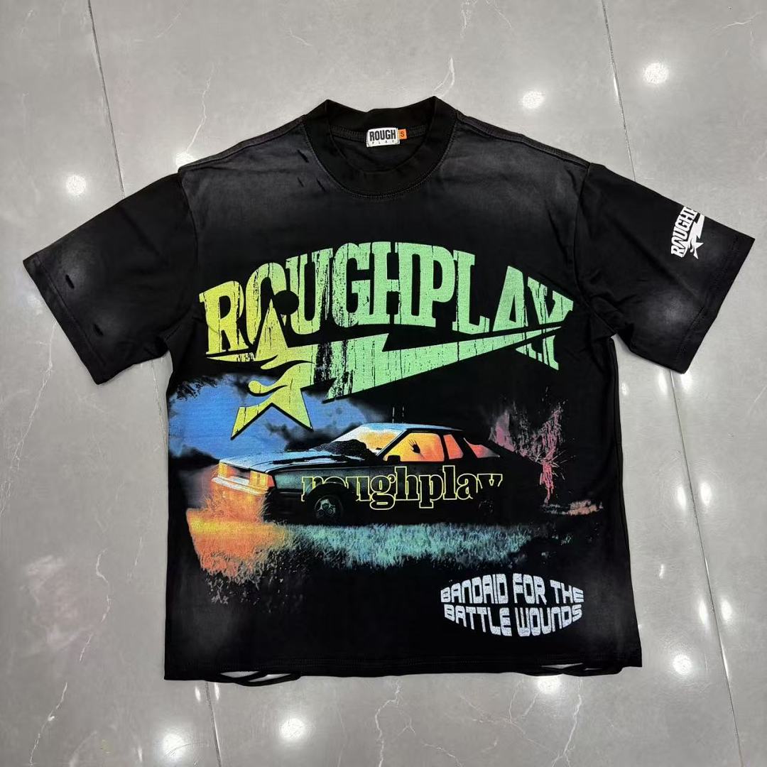 Roughplay Lightning Muscle Car Distressed Black Graphic Tee